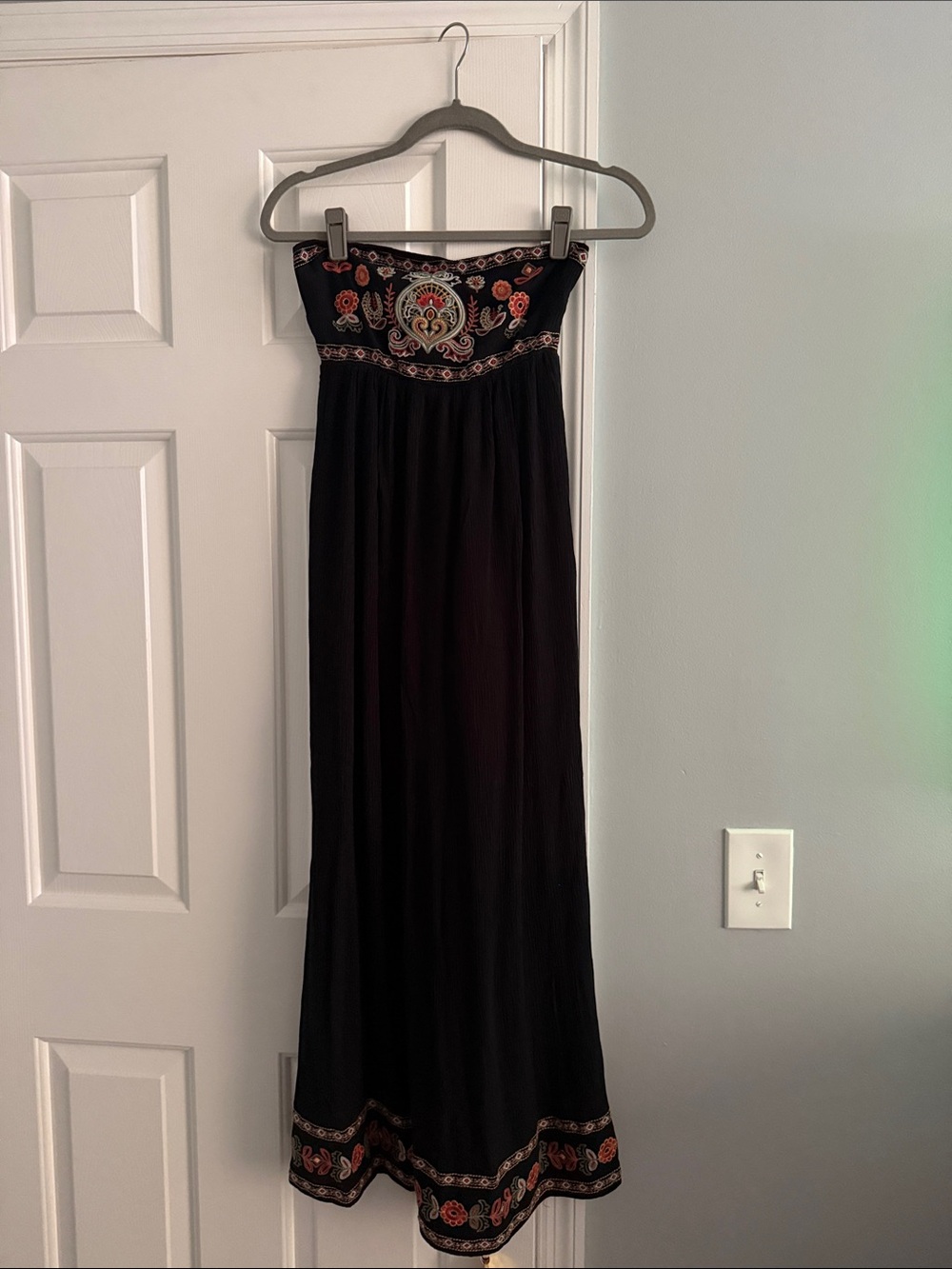 Black Strapless Maxi Dress with Embroidered Floral Trim